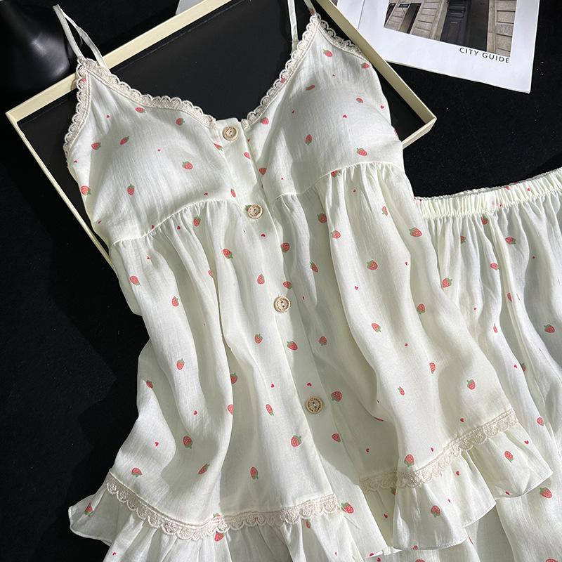 Cartoon suspenders lace pajamas ladies lyocell sweet cute wind shorts summer loungewear comfortable suit