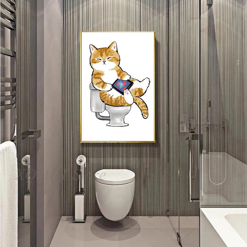 Toilet Cat Playing Mobile Phone Paper Poster Simple Pet Prints Canvas Painting Wall Art Pictures Home Bathroom Room Decoration