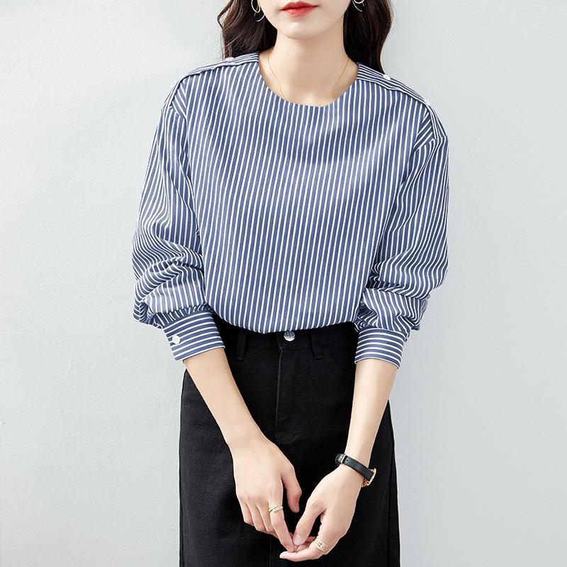 ZANZEA Women Casual Round Neck Loose Long Sleeve Stripe Blouse