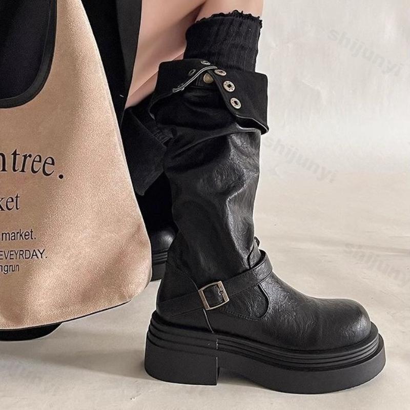 Mode Damenmode Ritterstiefel Herbst Winter Mode Schnallenriemen Cowboy Stiefel Bequeme Höhenerhöhung Rutschfeste Mid-Calf Stiefel