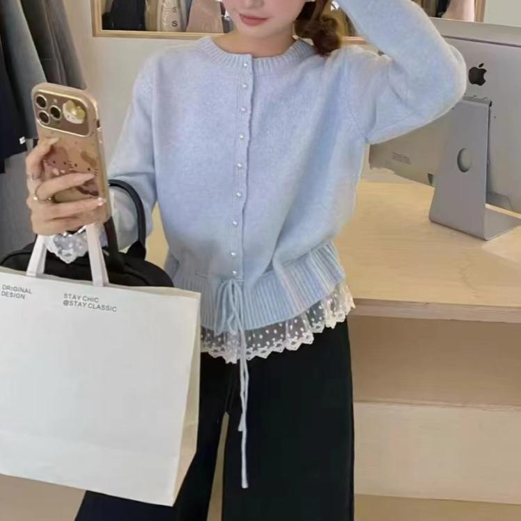 Red lace splicing sweater women's autumn and winter design waist knitted cardigan small short top