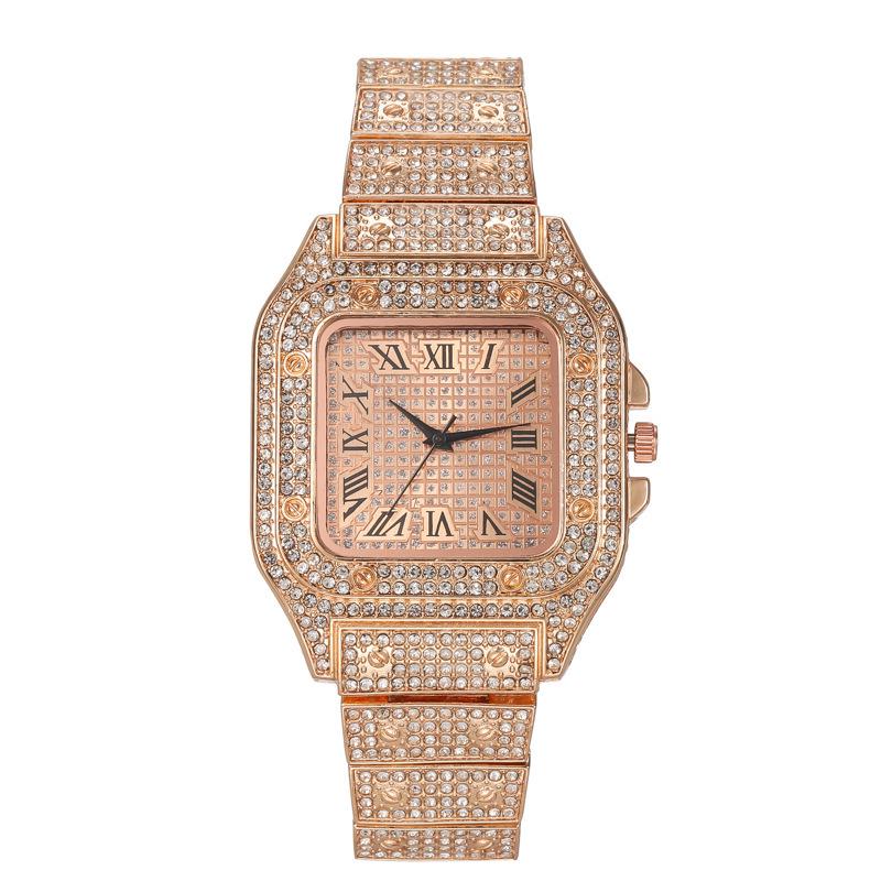 Hot-Selling Gold Alloy Steel Band Watch with Large Square Dial, Roman Numerals & Rhinestones