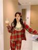 Korean Couple's Red Plaid Lace Long Sleeve Pajamas