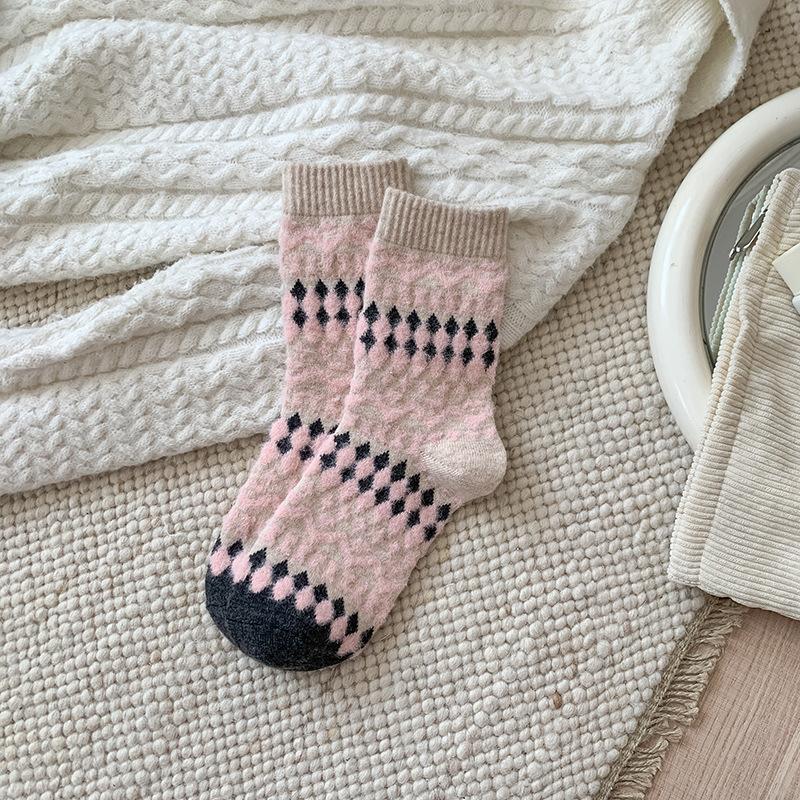 Sweet Pink and Contrasting Color Wool Mid-calf Socks, Striped Bow, Fair Island Pile Socks for Autumn and Winter