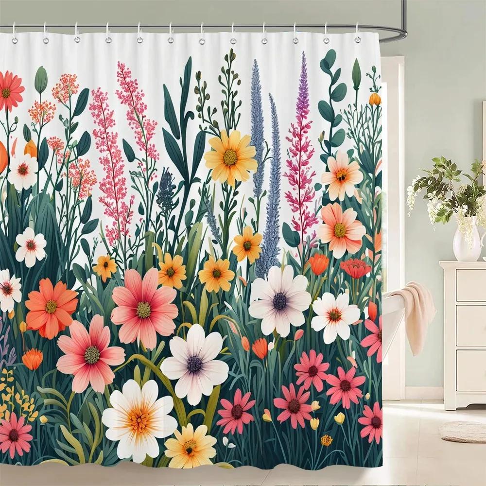 Rideau de douche Fleurs Magnifiques, Feuilles Aquarelle Sur La Plante Supérieure Avec Décor Floral de Salle de Bain, Ensemble de Rideau de Douche Avec Crochets