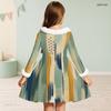 Girls White Fur Trim Long Sleeve Printed Navy Blue A Line Flared Dress