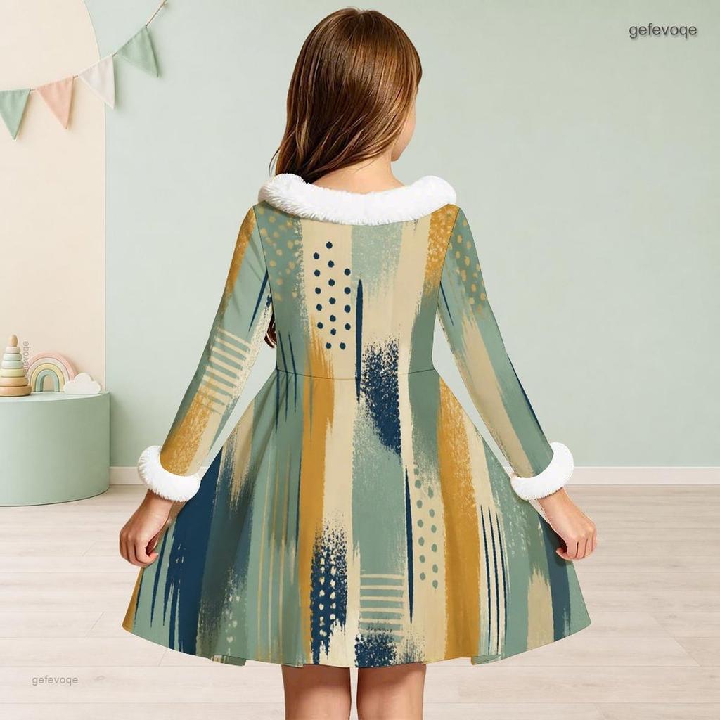 Girls White Fur Trim Long Sleeve Printed Navy Blue A Line Flared Dress