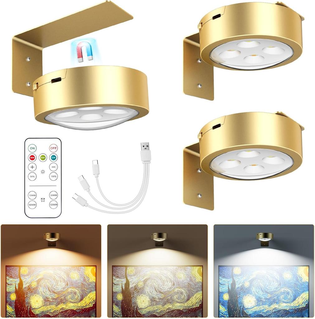 Brightown 2-Pack Picture Lights for Wall, Magnetic Art Display Picture Lights with Remote, 3 Lighting Modes Battery Operated Picture Light, Dimmable