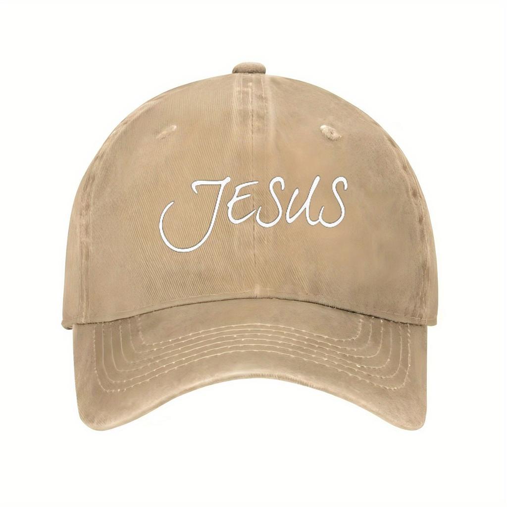 Jesus Cursive Lettering Baseball Cap Polyester Distressed Casual Unisex Hat for Church Events