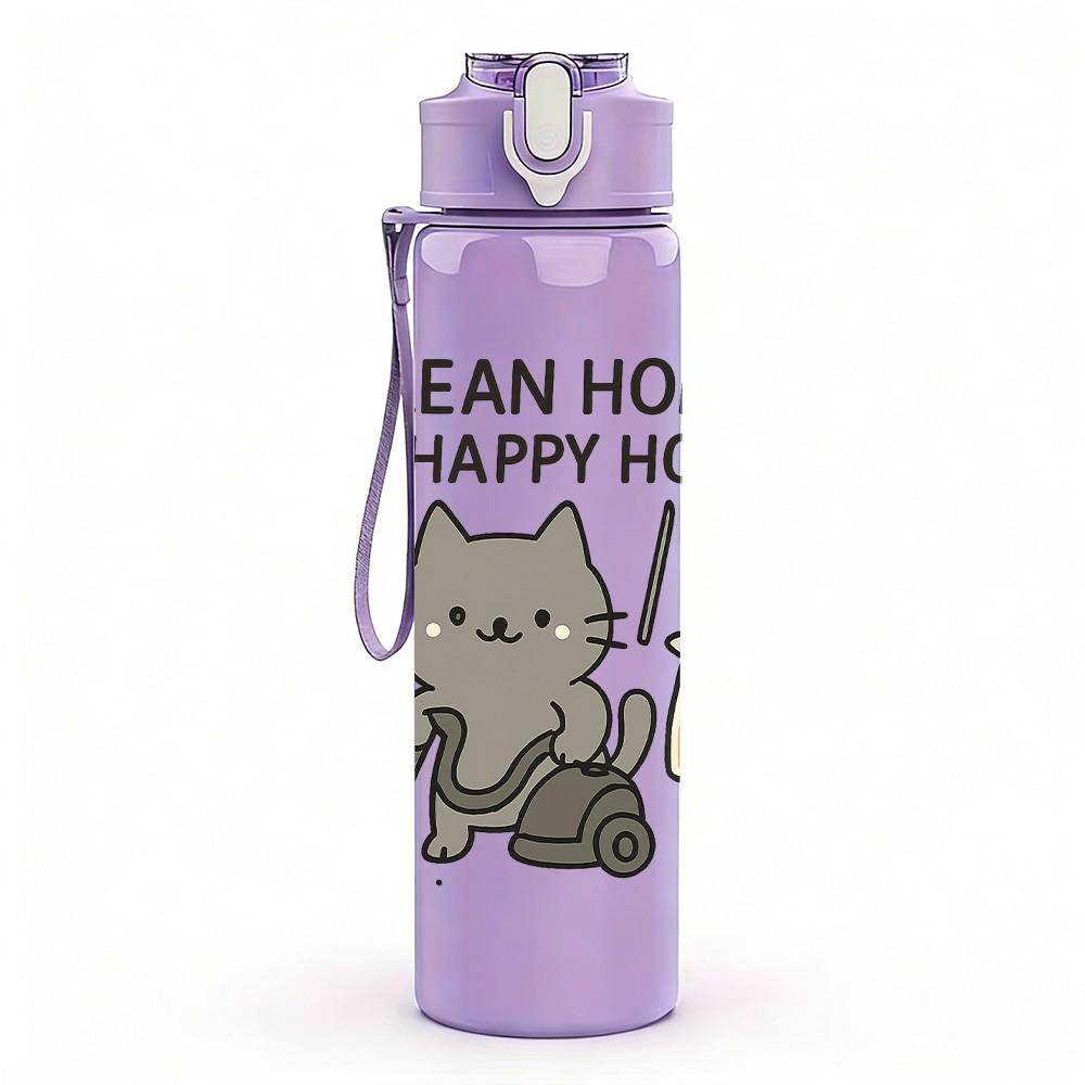 1PC Cleaning Cat Quote Text 750ml Color Plastic Sports Water Bottle Leakproof Flip Straw Lid Suitable for Sports Office Home Use