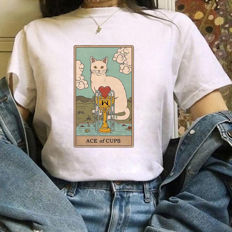 Fashion Women Tarot Cat Print Tshirts Funny Clothing Cartoon Womens Female Graphic T Shirt Cute TShirt Casual Tee Shirt Tees