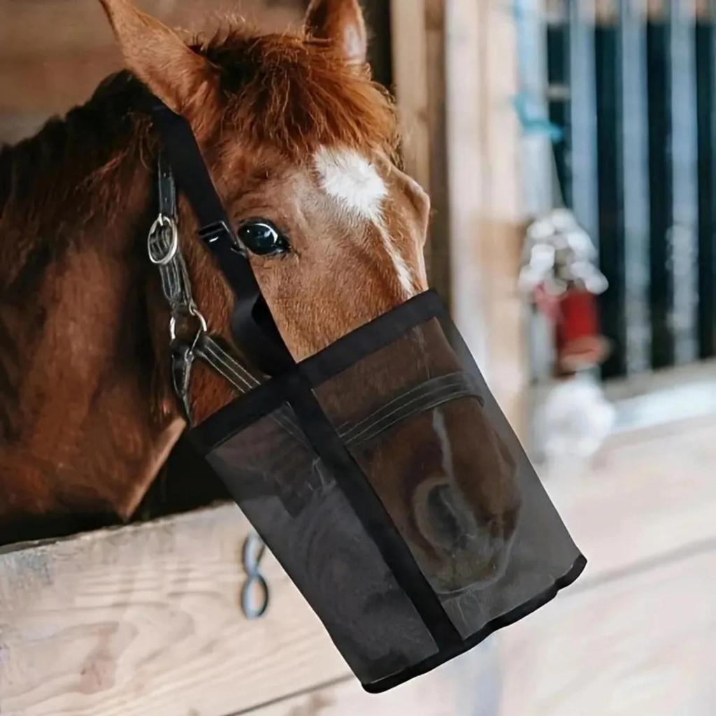 Leak-Proof Grazing Muzzle with Straps,Durable Adjustable Horse Feeding Bag Portable Hay Feeder Tote for Equine Care 3