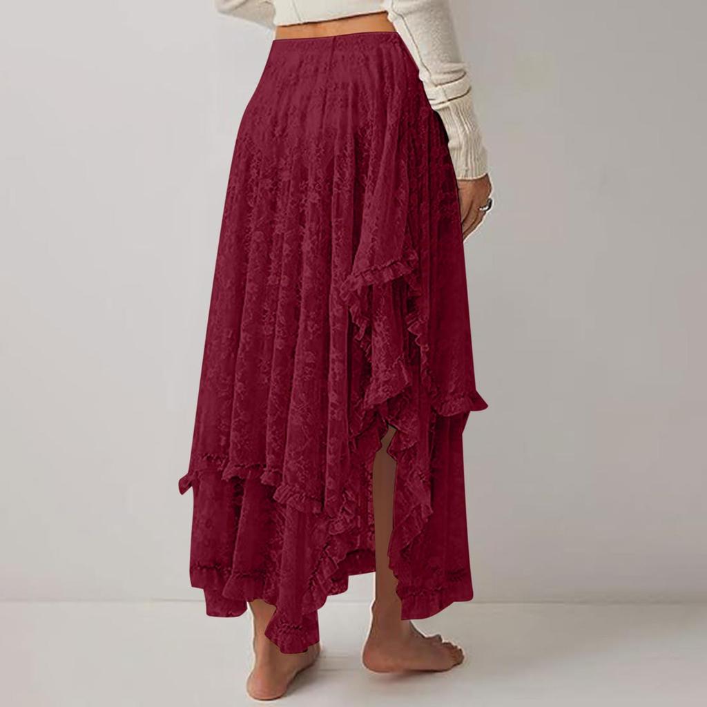 Women's High Waist Layered Ruffle Hem Maxi Skirt Asymmetrical Bohemian Style Lace Overlay Flowy Long Skirt for Casual Wear