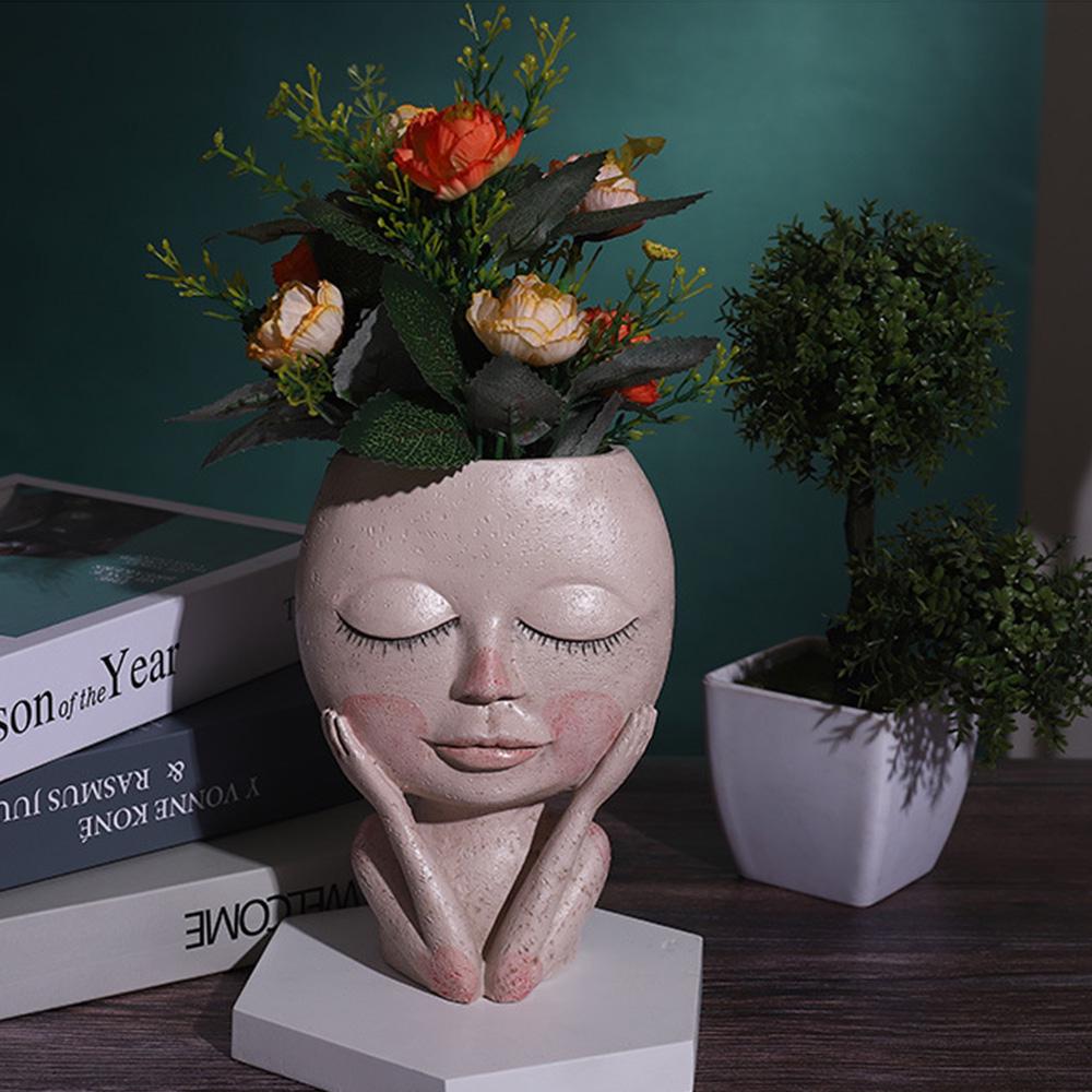 Face Planter Pot with Drainage Hole Resin Lady Statue Flower Pot for Office Garden Patio