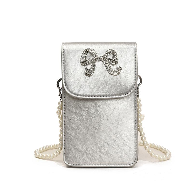

Mini small bag 2025 new Mori soft girl fashion bow foreign style versatile pearl chain small square bag tide серебряный