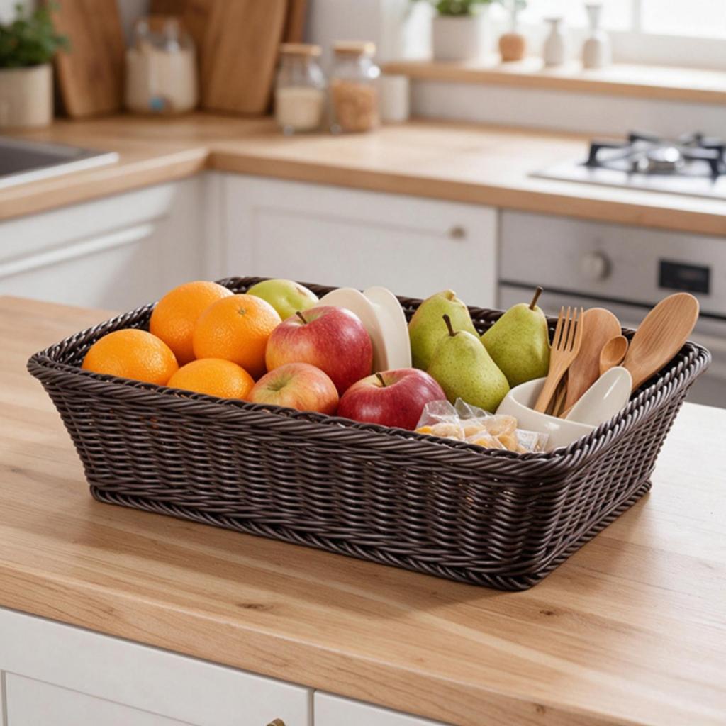 Rectangular Rattan Storage Basket Lightweight for Kitchen Counter, Pantry
