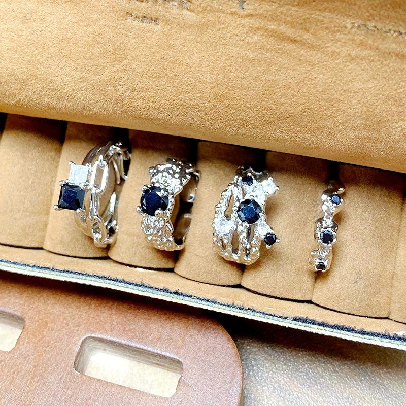 Punk Personality Dark Wind Black Zircon Irregular Opening Ring Female Niche Design Exquisite Stacked Ring Female