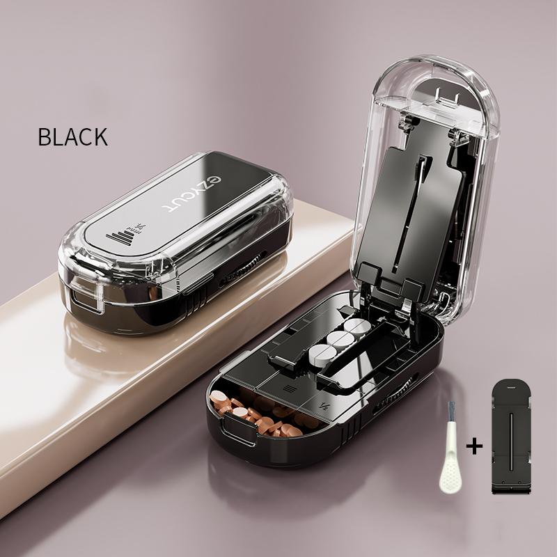2 In 1 Pill Cutter Storage Box With Replacement Blade & Cleaning Brush Portable  Compartments Travel Small Health Care Pill Case