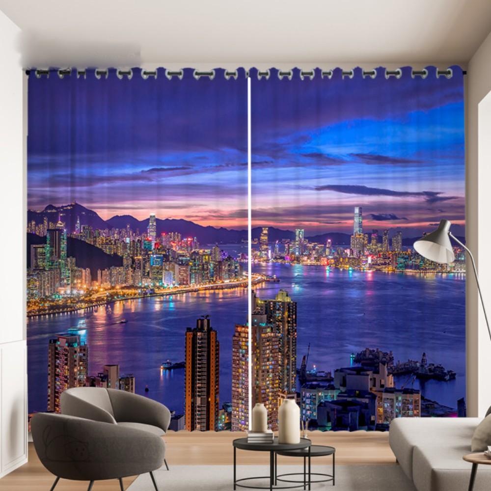 Hong Kong City Night View Curtain International City Photo Decoration Curtain Layout 3D Stereo Living Room Window Curtain 2PCS