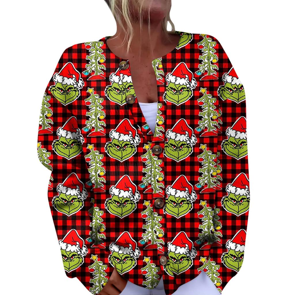 Women's Fashion Christmas Printed Long Sleeve Knitted Cardigan Button Down Jacket