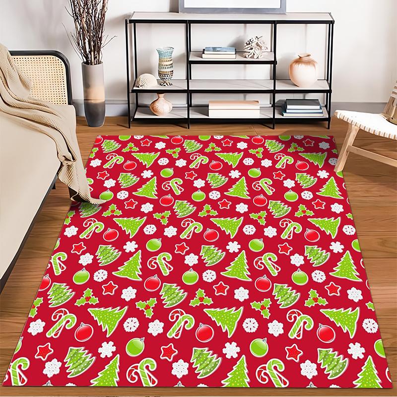 Christmas Pattern with Trees and Ornaments Non-slip rug suitable for living room and bedroom sofas.