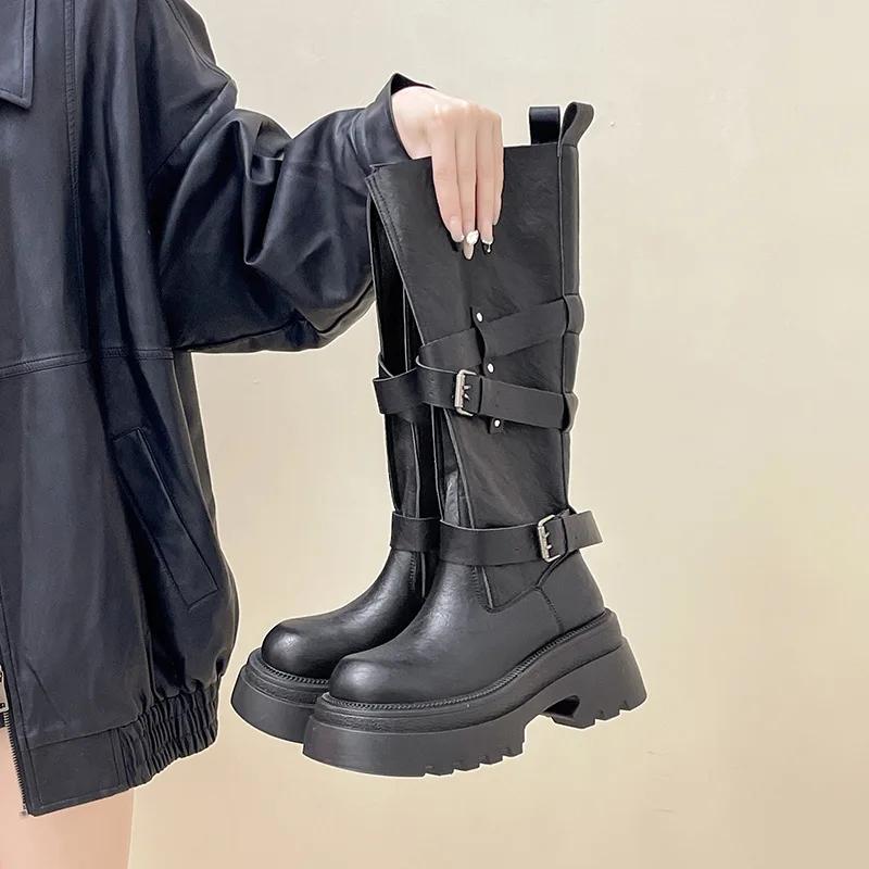 Fashion 2025 New Fashion Platform Woman Knight High Boots Fashion Belt Buckle Thick Sole Shoes Ladies Slip on Modern Long Botas