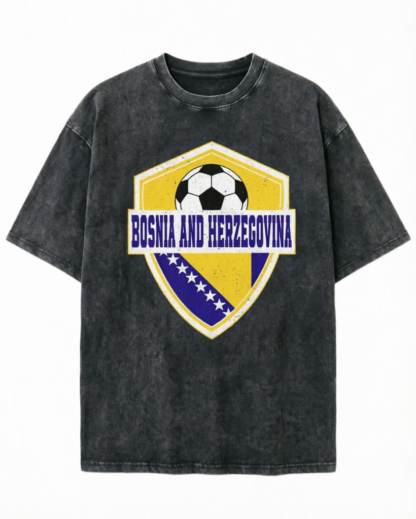 2026 new Vintage Washed Black Tshirt Bosnia and Herzegovina Football Print Casual Tee