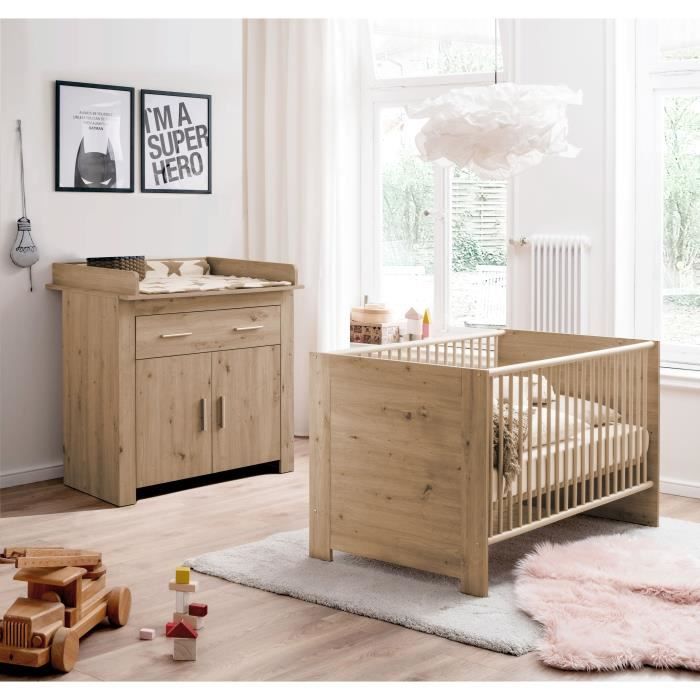 Duo-Babyzimmer : Bett 70 x 140 cm + AHOI Wickelkommode - Eiche - TREND TEAM
