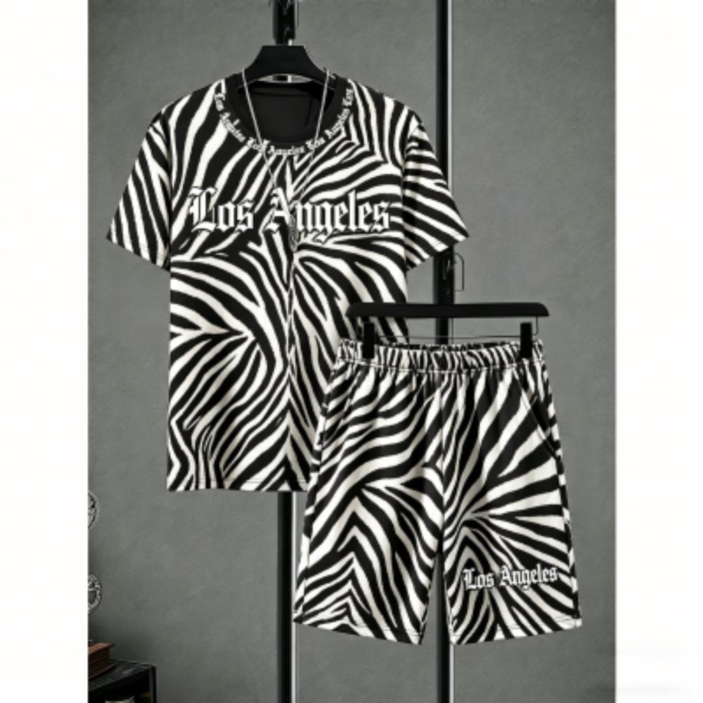 Fashion Men's Set Letter Zebra Stripe Colorful Printed Men's T-shirt and Shorts 2 Piece Set Summer Casual Outdoor Men's and Women's T-shirt Sets