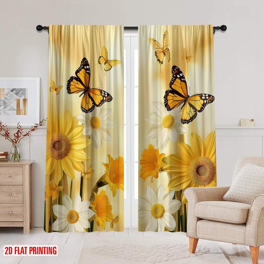 2D Flat Printing 2pcs Yellow Flower Butterfly Print Curtains Polyester For Living Room Kitchen And Dining Area Decor Privacy