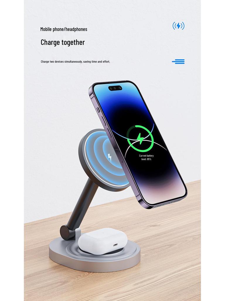 Adjustable 3-in-1 Foldable Magnetic Wireless Charger for iPhone, Apple Watch, and Earphones.