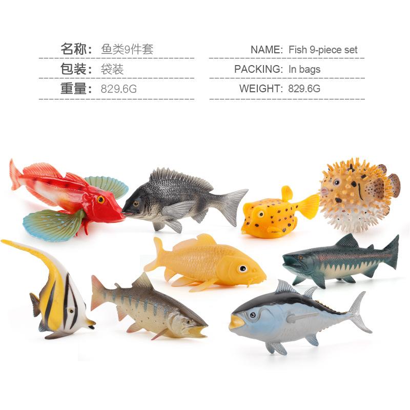 Simulation Solid Freshwater Fish Model 9-Piece Set, Animal Model Angelfish Salmon Tuna Aquarium Ornament