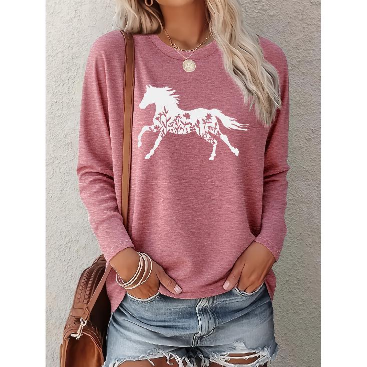Women s Minimalist Horse & Plant Silhouette Print Casual Long Sleeve Elegant Summer Top, Fashionable, Cute & Vintage S кирпич красный
