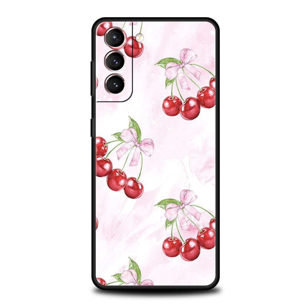 Cute Cherry Bow Phone Case For Samsung Galaxy S24 S23 S22 S20 Ultra S21 FE 5G S10 S9 Plus S10E S8 Soft Silicone Cover