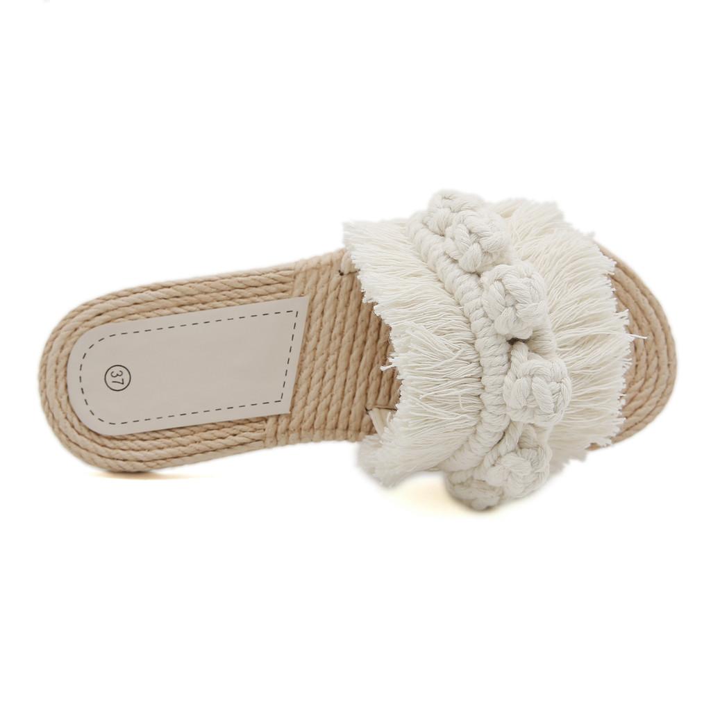 Cotton Thread Handwoven Tassel Ladies Summer Flat Slippers With Non Slip Sole For Casual Wear