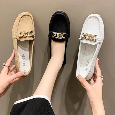 Wiosna Jesień Nowe Buty Fasolki Damskie Kobiety Okrągły Czubek Niski Obcas Metalowy Łańcuch Obuwie Codzienne Buty Matki Damskie Mokasyny