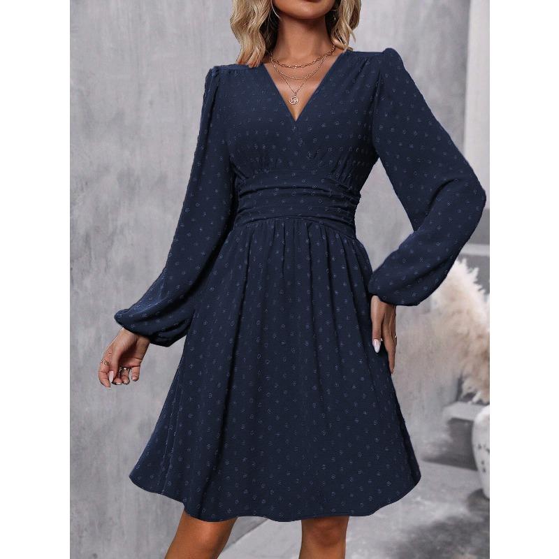 QICED Fashion Autumn Winter Solid Color Print V-Neck Long Sleeve Casual Dresses