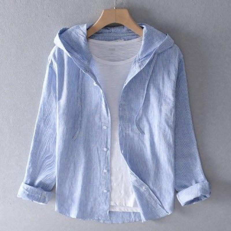 Men's Linen Shirt Summer Casual Hooded Long Sleeved Shirt Lightweight Cotton Linen Breathable Sunscreen Top