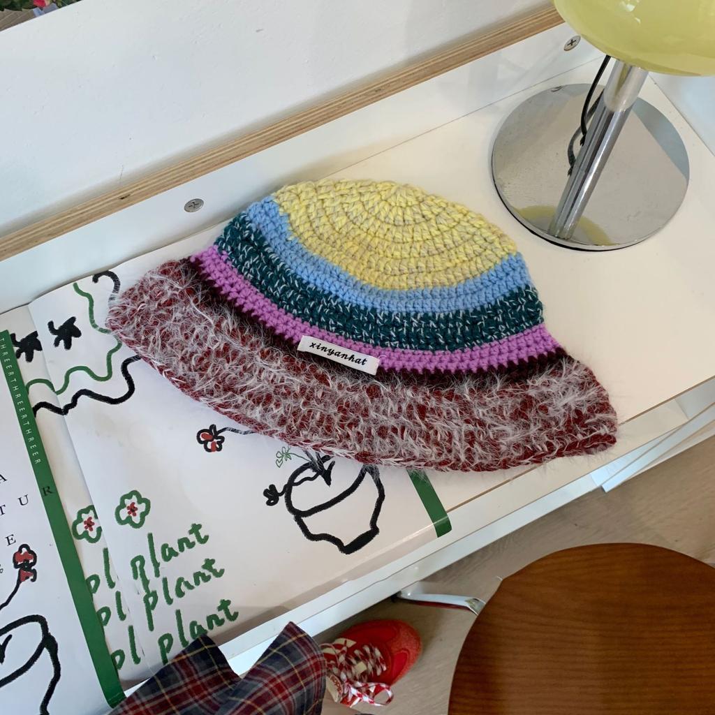 Warm and Cold Hat Versatile Wool Hat Winter Big Head Circumference Women's Face Small Colorful Striped Fisherman Hat Small Flower Pile Hat