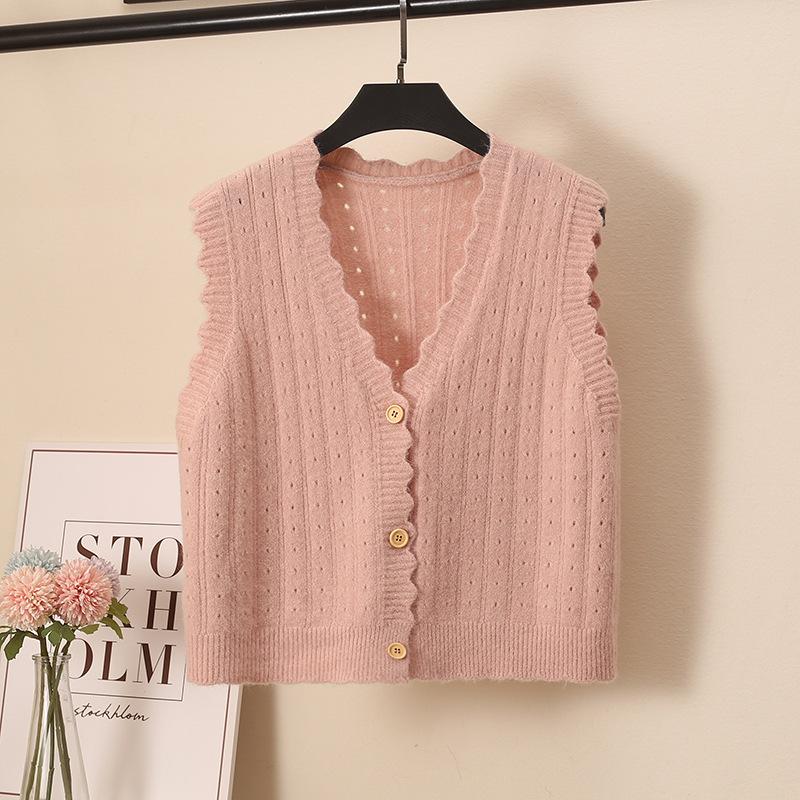 

Women s Knitted Vest V-neck Single Breasted Sleeveless Knitted Vest Women s Sweater S рожевий