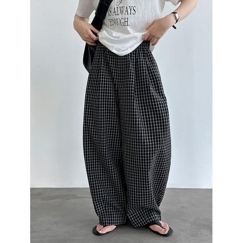 Womens High-Waisted Wide-Leg Cotton Blend Plaid Pants Loose Fit Casual Trousers Style