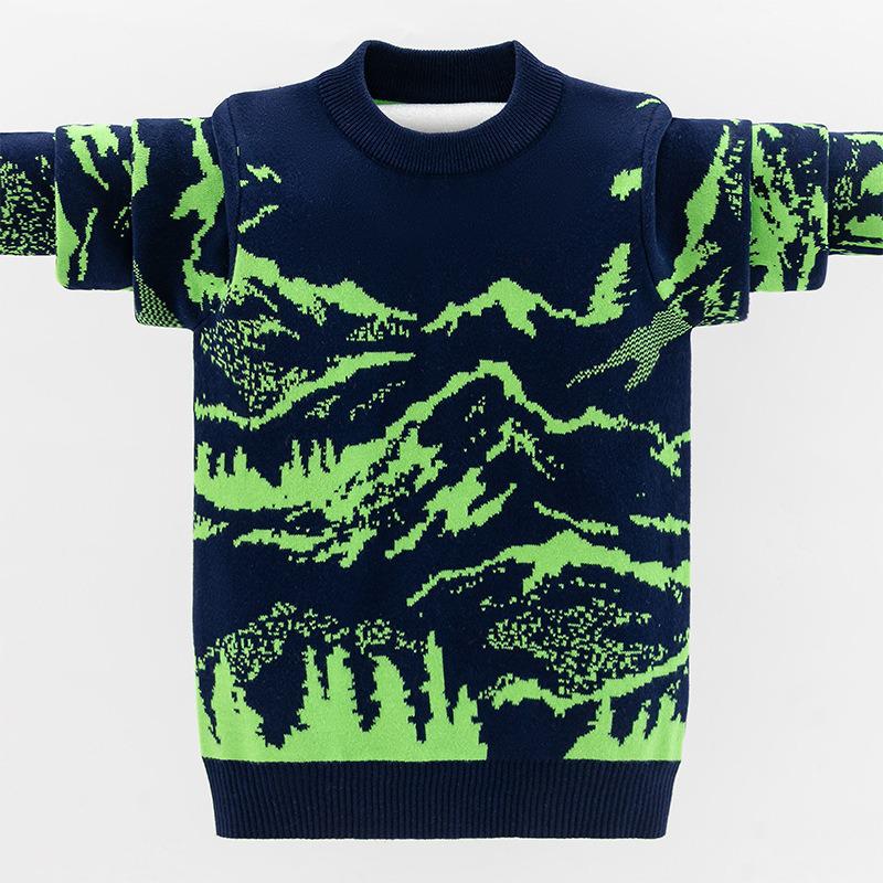 Boys Autumn/Winter Landscape Jacquard Sweater - Long Sleeve, Warm, Round Neck 130 cm