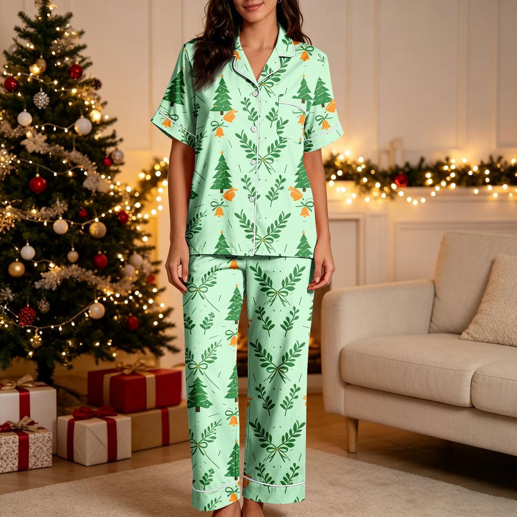 Women's Christmas Print Pajama Set with Short Sleeve Shirt and Pants - Sleepwear Outfit