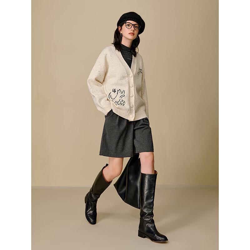 INMAN 2025 Winter Speckled Yarn Embroidered Knit Cardigan