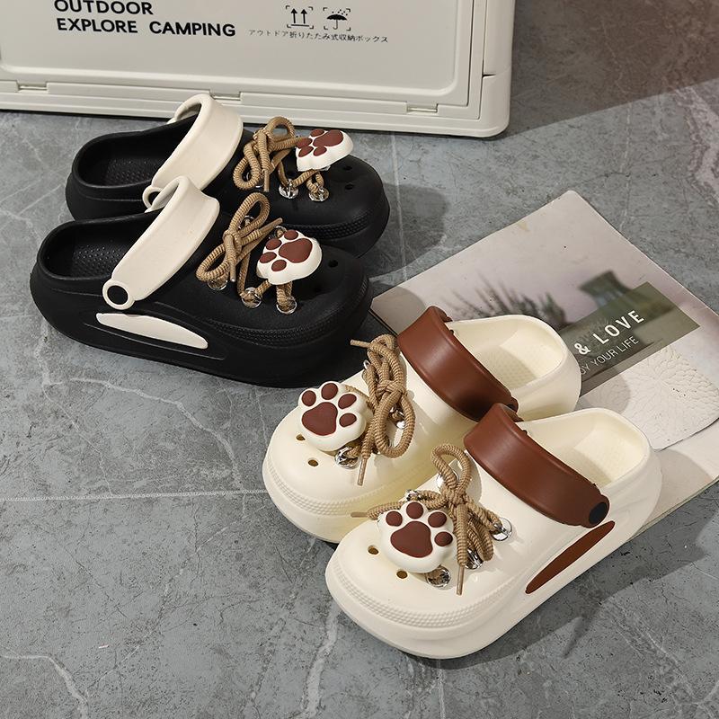 Fashion Women Summer Sandals Cute DIY Lace-up Paw Garden Shoes Girls Fashion Clogs Thick Sole 2 Way Wear Female Home Street Slippers
