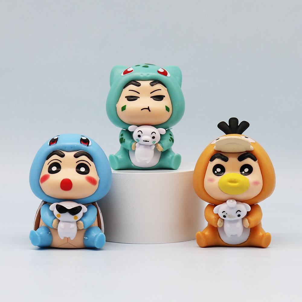 6Pcs/Set Crayon Shin-Chan Cos Pokemon Psyduck Pikachu Eevee Charmander Bulbasaur Squirtle Action Figure Collection Model Doll