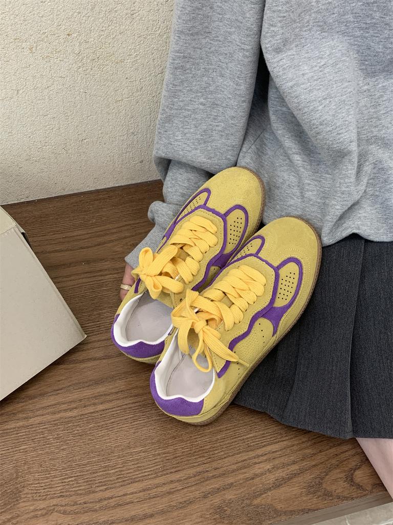 Fashion Yellow Women's Casual Sneakers Designer Training Shoes Patchwork Lace-up Sneakers Leather Flat Women's Shoes Zapatillas De Muje