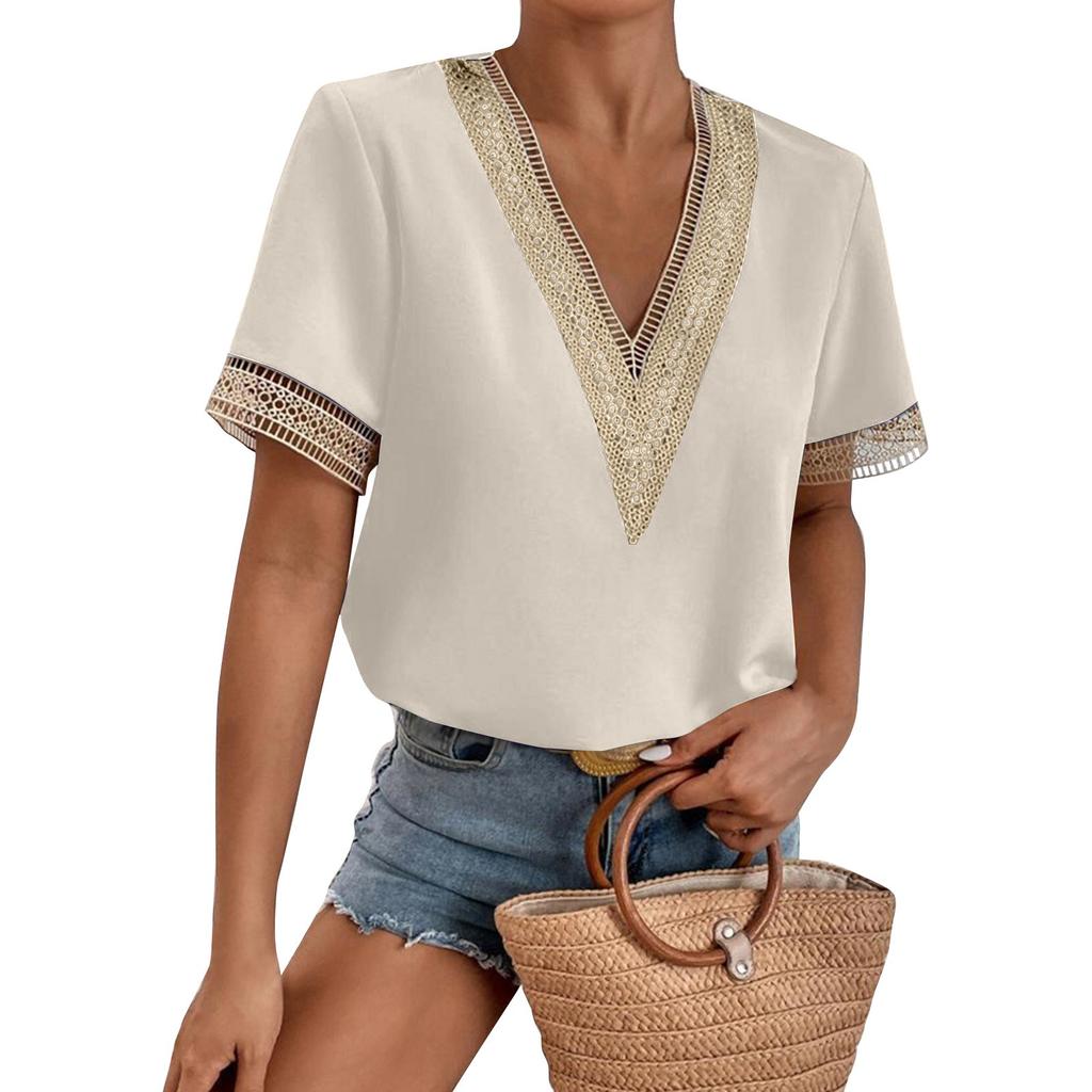 Women's Fashion Lace Trim Short Sleeve Chiffon Top