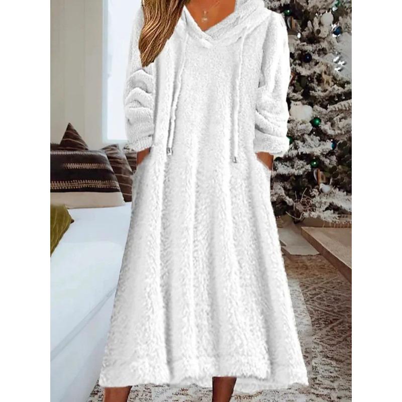 DAFIFY Women's Fashion Fall Winter Solid Color Print Long Sleeve Hooded Loose Waistline Casual Dresses