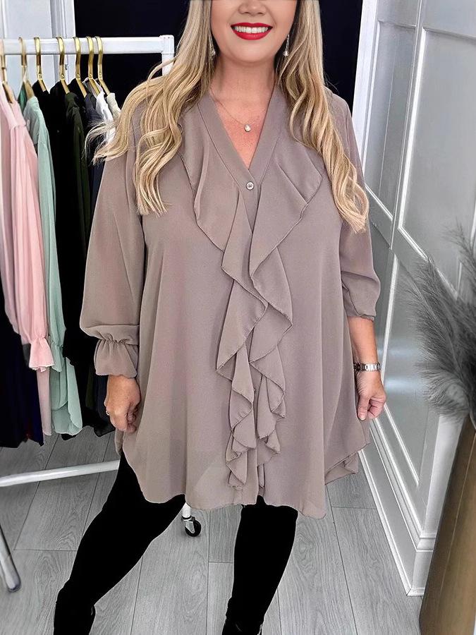 2025 Spring/Summer Women's Solid Color Loose Ruffle V-Neck Long Sleeve Shirt